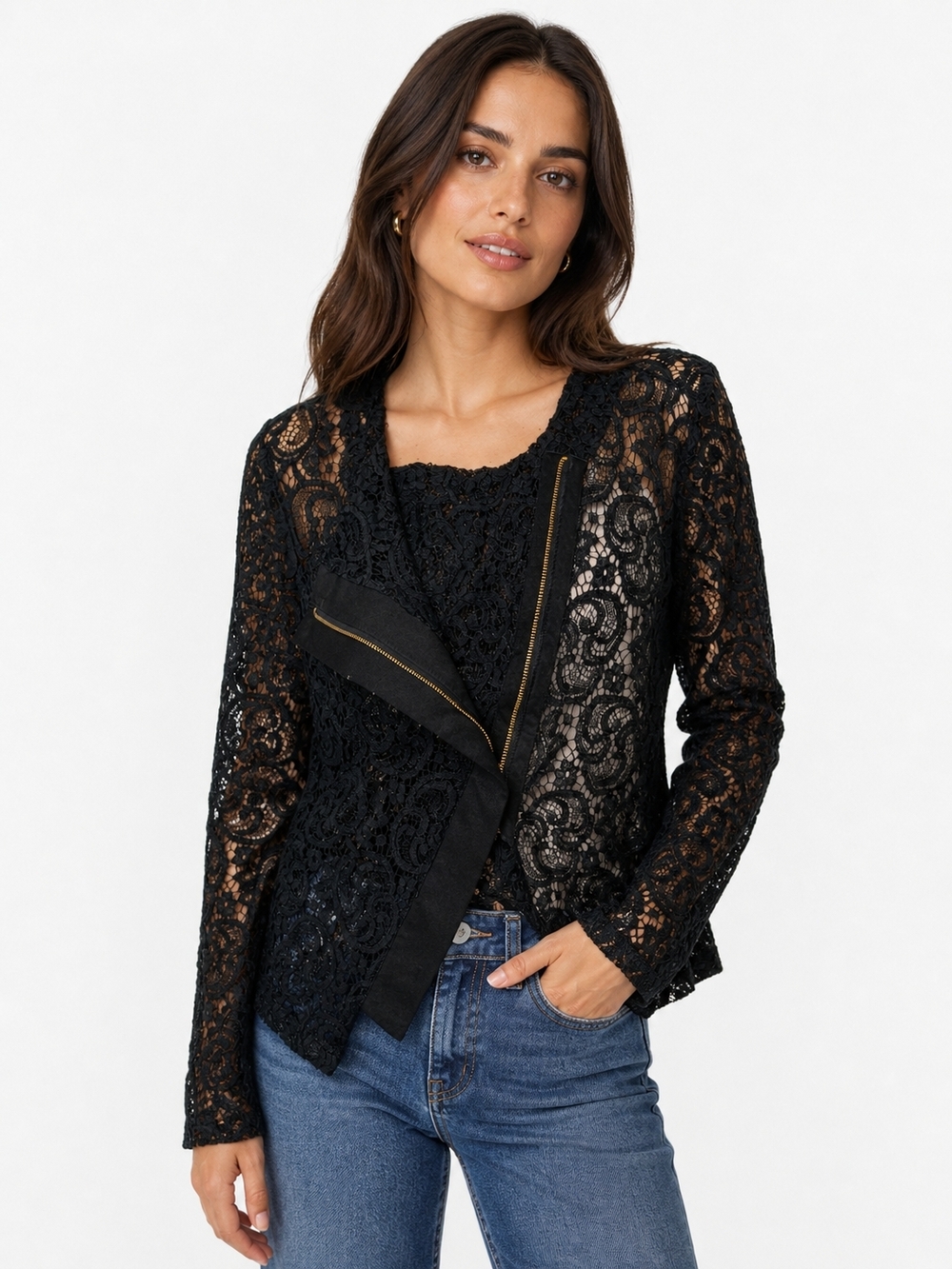 Kate & Mallory Black Lace Zip-Front Blazer Jacket